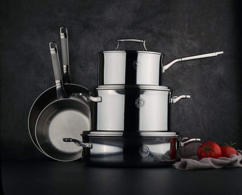 Saveur Selects tri-ply stainless steel cookware set with pans and lids