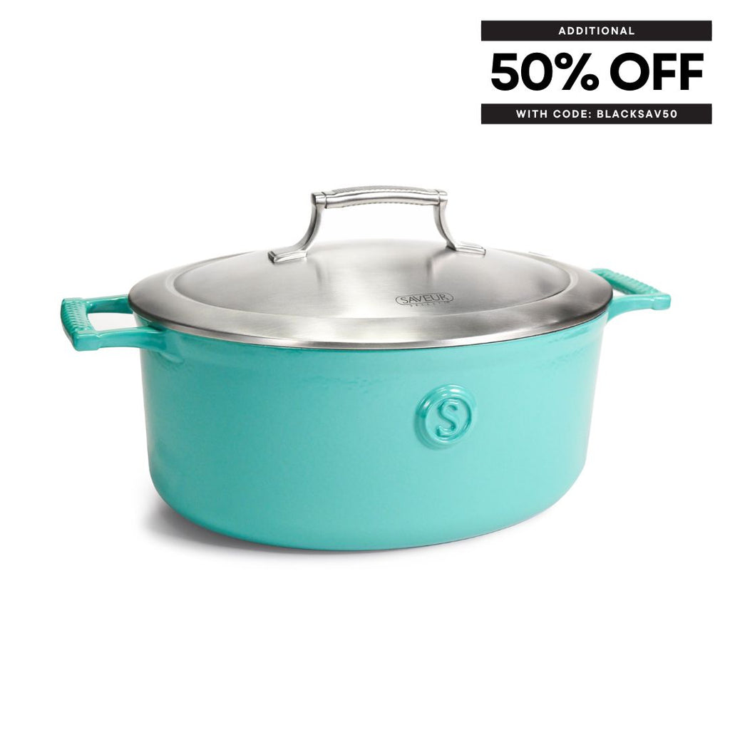 Saveur Selects Voyage Series Enamelled Cast Iron Oval Roaster with Double Walled Insulating Lid - 30cm