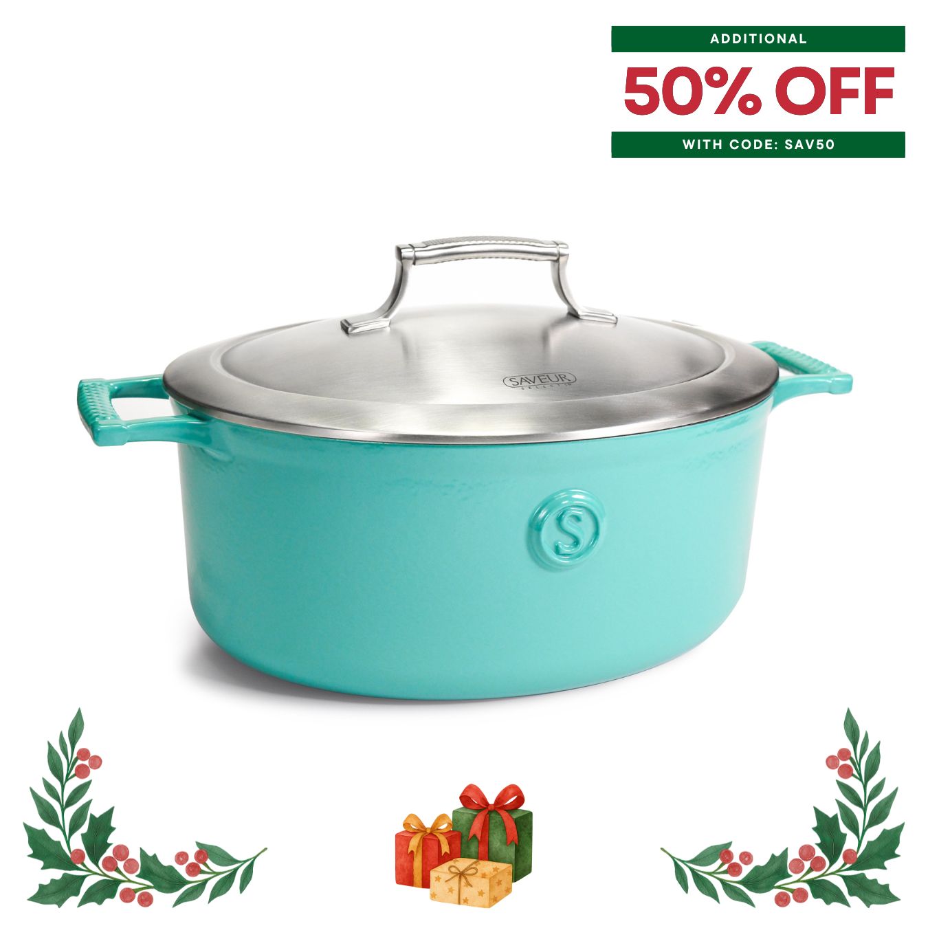 Saveur Selects Voyage Series Enamelled Cast Iron Oval Roaster with Double Walled Insulating Lid - 30cm