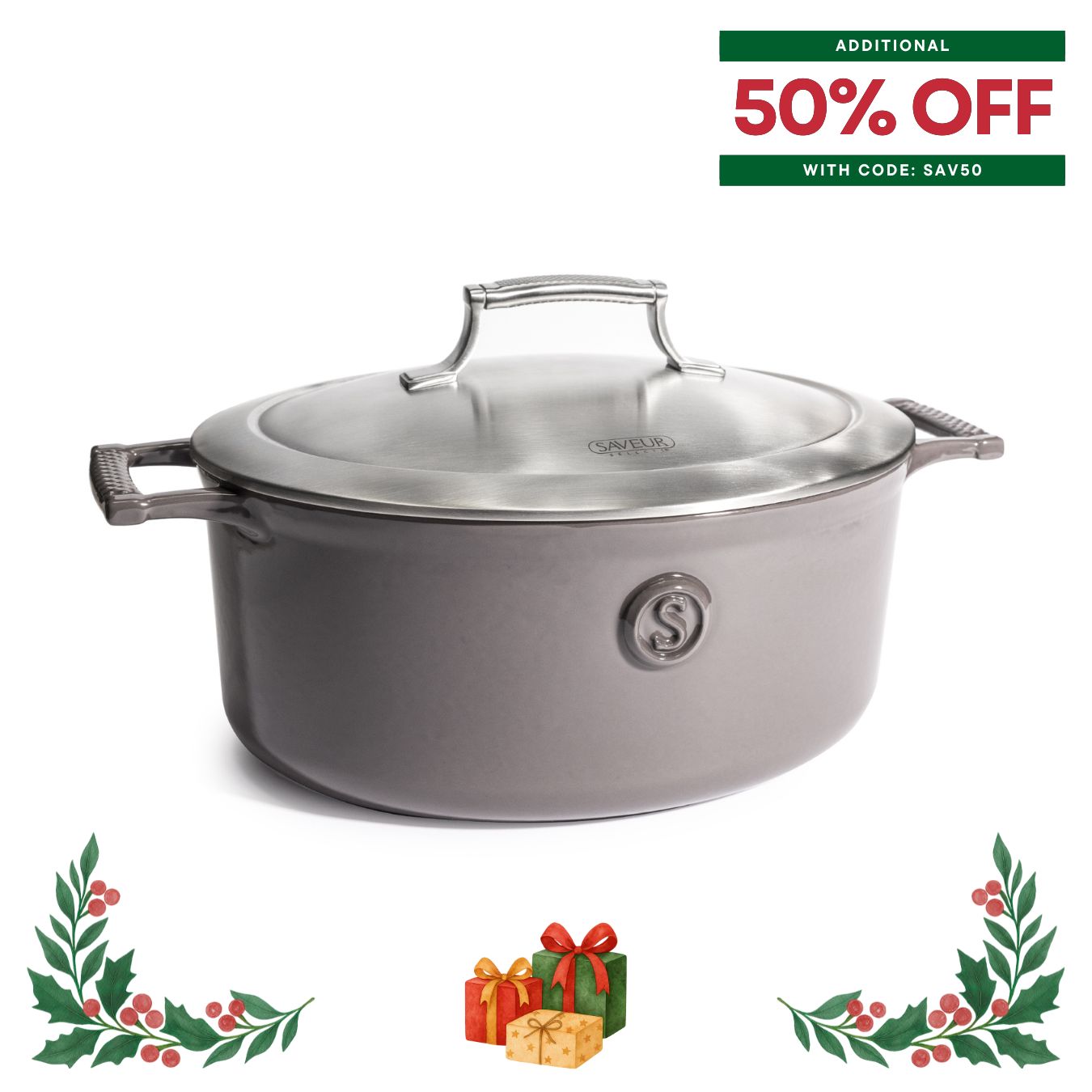 Saveur Selects Voyage Series Enamelled Cast Iron Oval Roaster with Double Walled Insulating Lid - 30cm