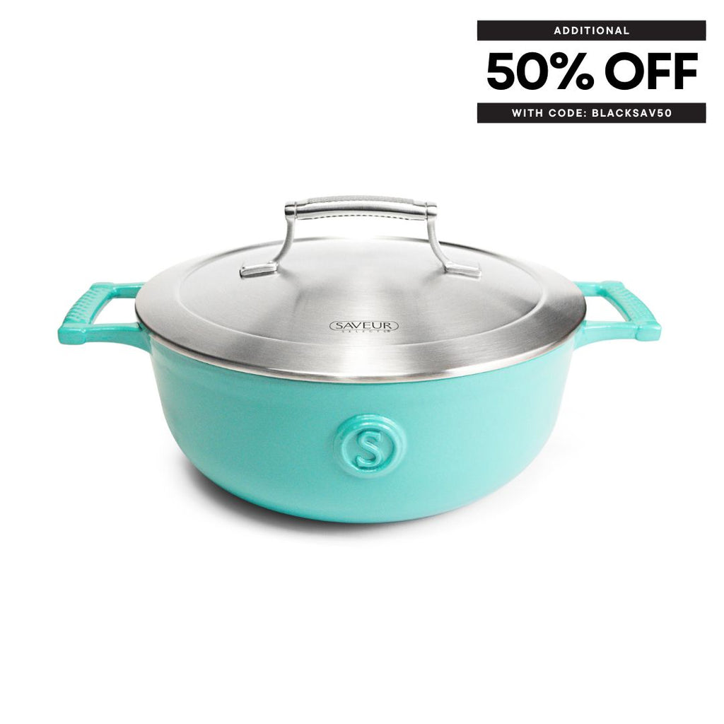 Saveur Selects Voyage Series Enamelled Cast Iron Saucier with Double Walled Insulating Lid - 25cm