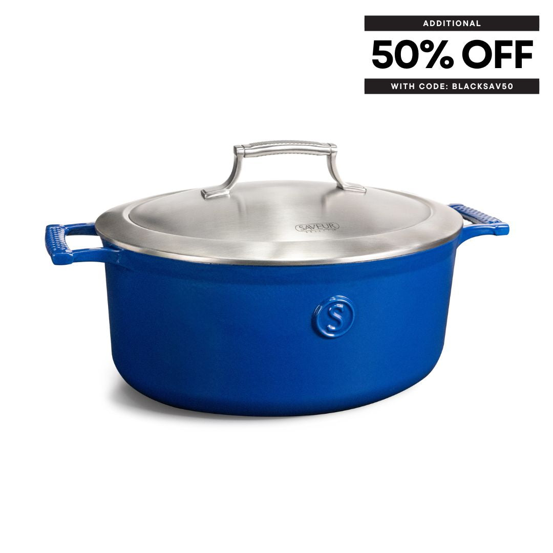 Saveur Selects Voyage Series Enamelled Cast Iron Oval Roaster with Double Walled Insulating Lid - 30cm