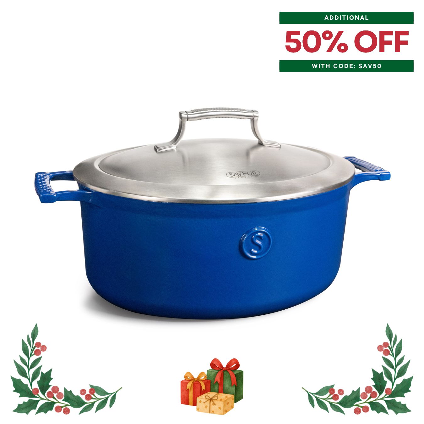 Saveur Selects Voyage Series Enamelled Cast Iron Oval Roaster with Double Walled Insulating Lid - 30cm