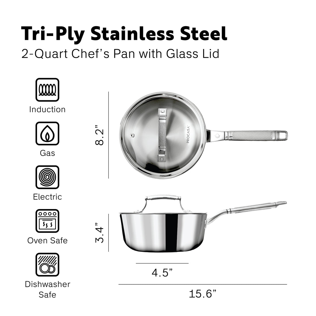 PROCASA 20cm Tri-Ply Stainless Steel Chef Pan / Sauce Pan with Glass lid (1.9L / 2Qt.)