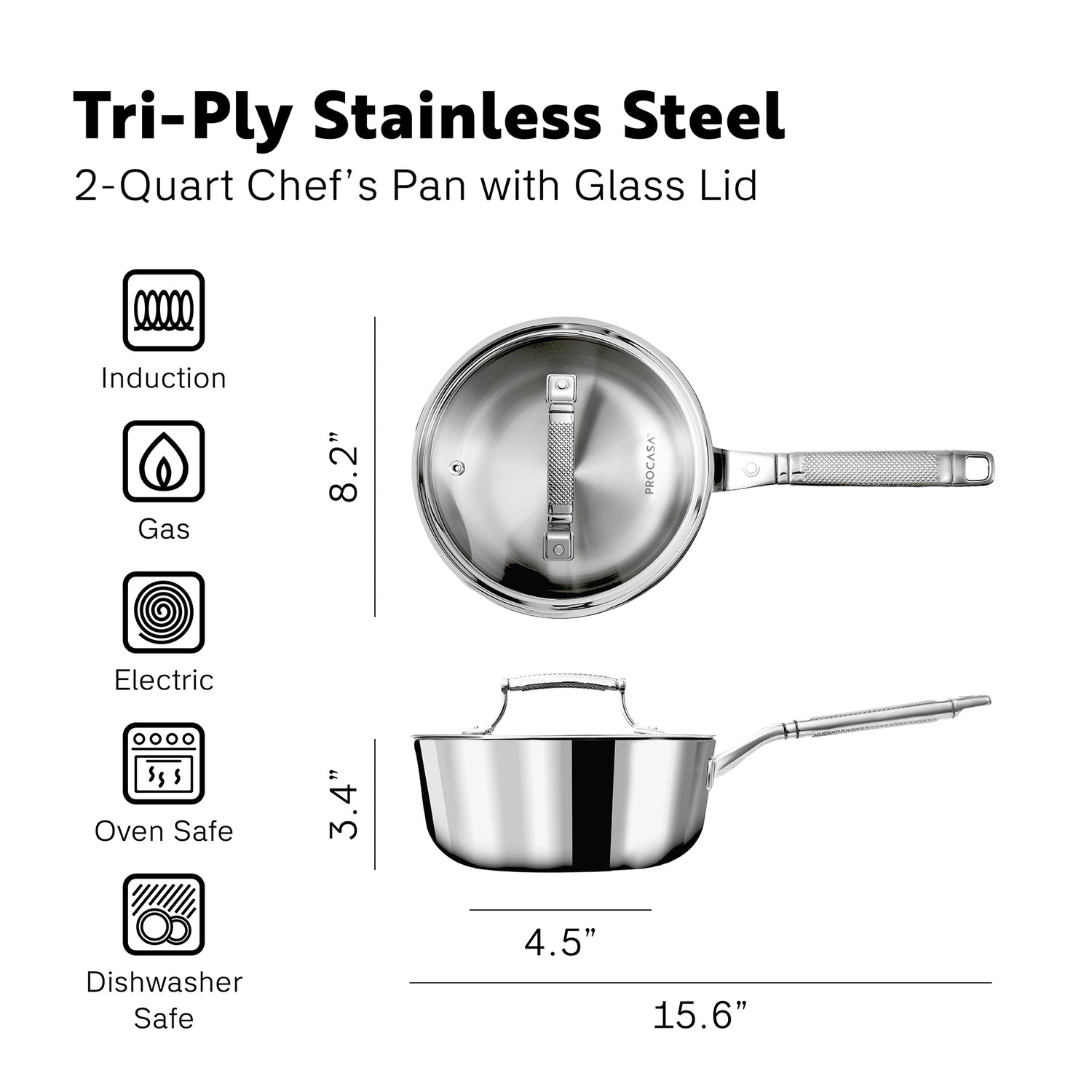 PROCASA Tri-Ply Stainless Steel 2-quart Chef Pan Sauce Pan with Glass lid
