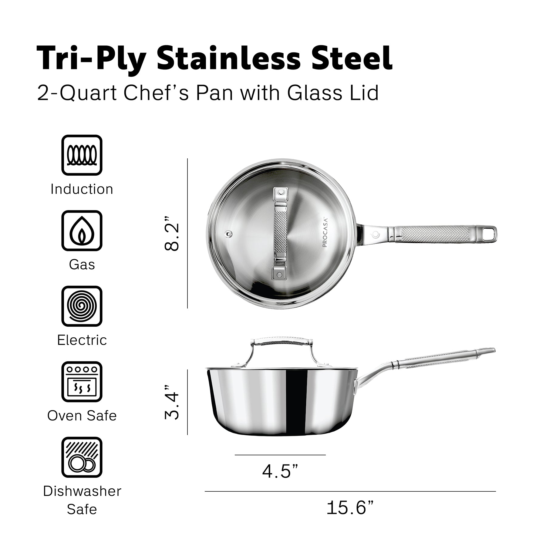 PROCASA Tri-Ply Stainless Steel 2-quart Chef Pan Sauce Pan with Glass lid