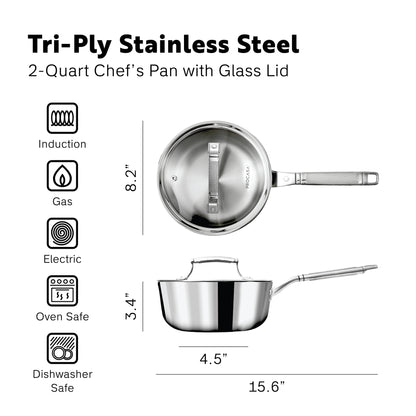 PROCASA Tri-Ply Stainless Steel 2-quart Chef Pan Sauce Pan with Glass lid