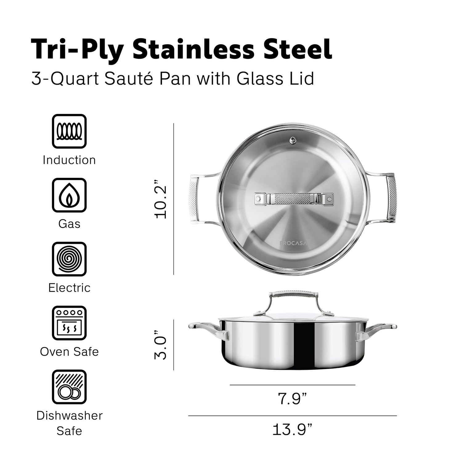 PROCASA Tri-Ply Stainless Steel 3-quart Sauté Pan with Glass lid