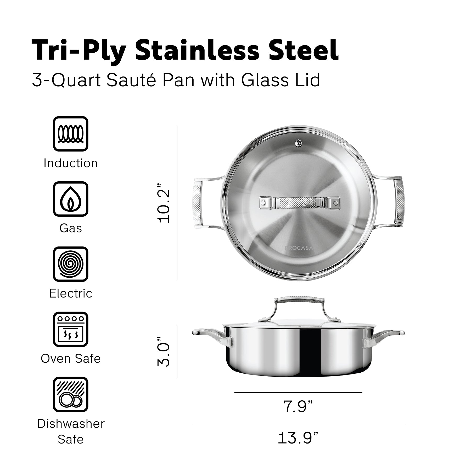 PROCASA Tri-Ply Stainless Steel 3-quart Sauté Pan with Glass lid