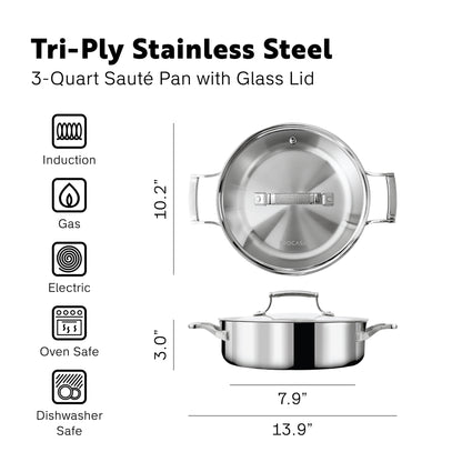 PROCASA Tri-Ply Stainless Steel 3-quart Sauté Pan with Glass lid