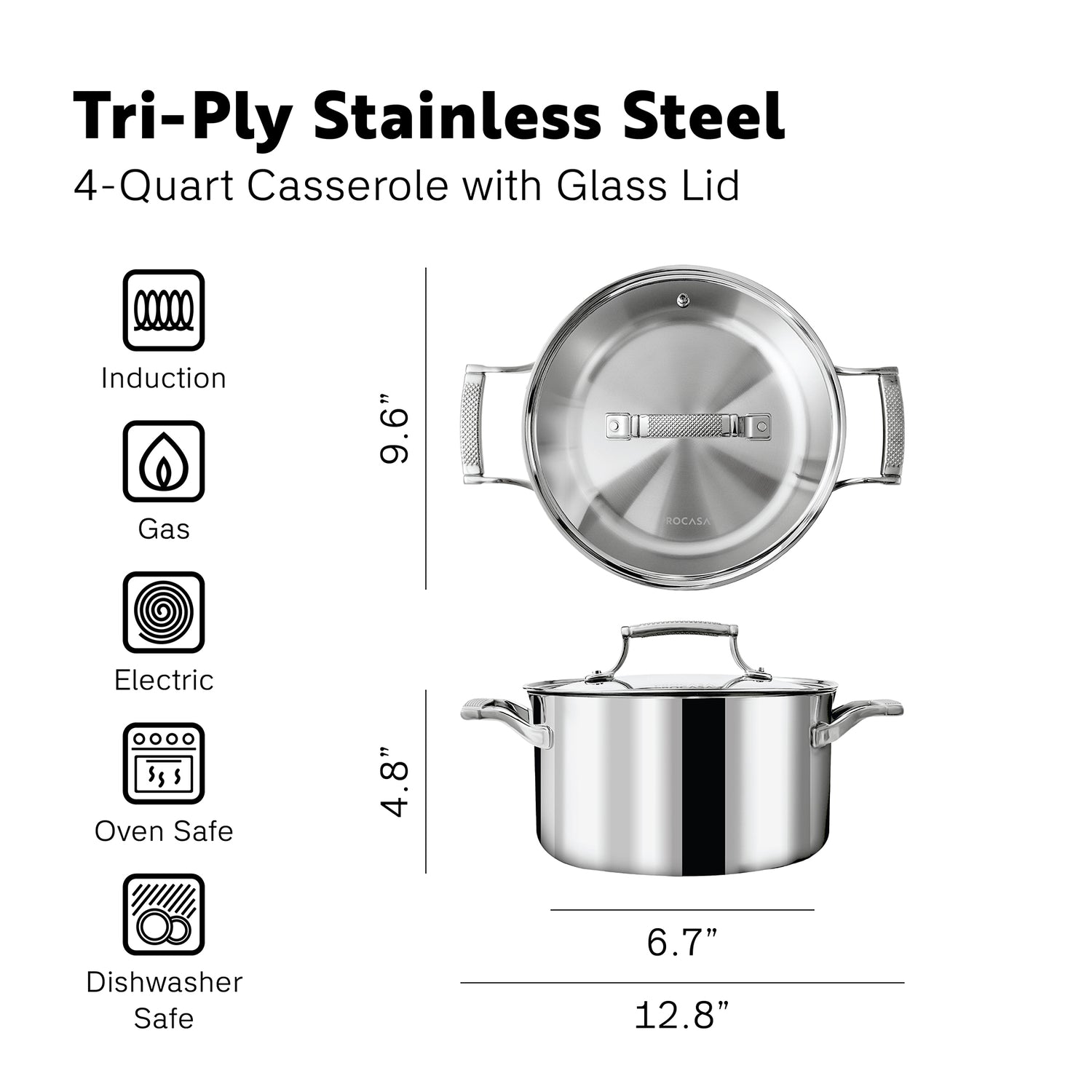 PROCASA Tri-Ply Stainless Steel  4-quart Casserole with Glass lid