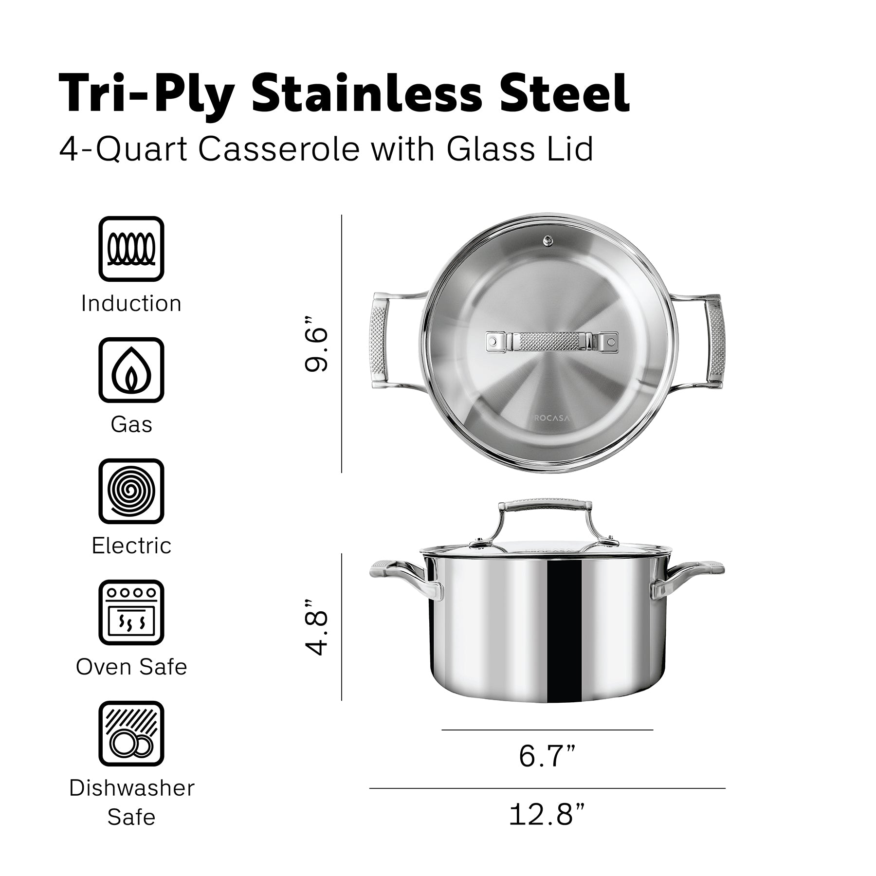 PROCASA Tri-Ply Stainless Steel  4-quart Casserole with Glass lid
