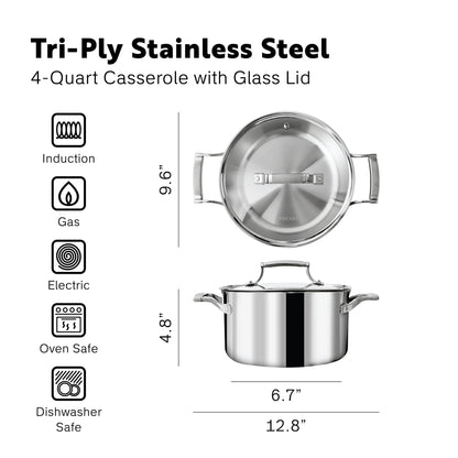 PROCASA Tri-Ply Stainless Steel  4-quart Casserole with Glass lid
