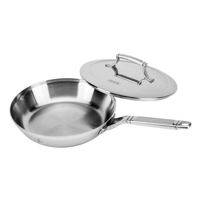 SAVEUR SELECTS Tri-ply Stainless Steel 10-Inch Frying Pan with Lid, Induction-ready, Dishwasher Safe, Voyage Series